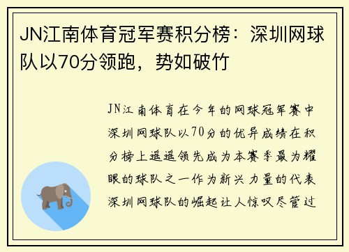 JN江南体育冠军赛积分榜：深圳网球队以70分领跑，势如破竹
